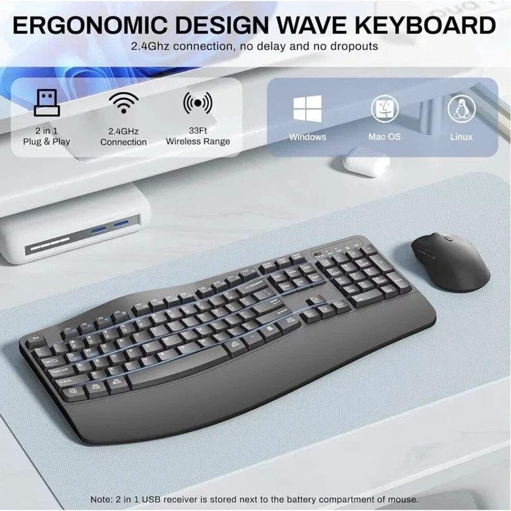 Wireless Keyboard and Mouse Combo,2.4G Full Size Wave Keys Ergonomic Keyboard